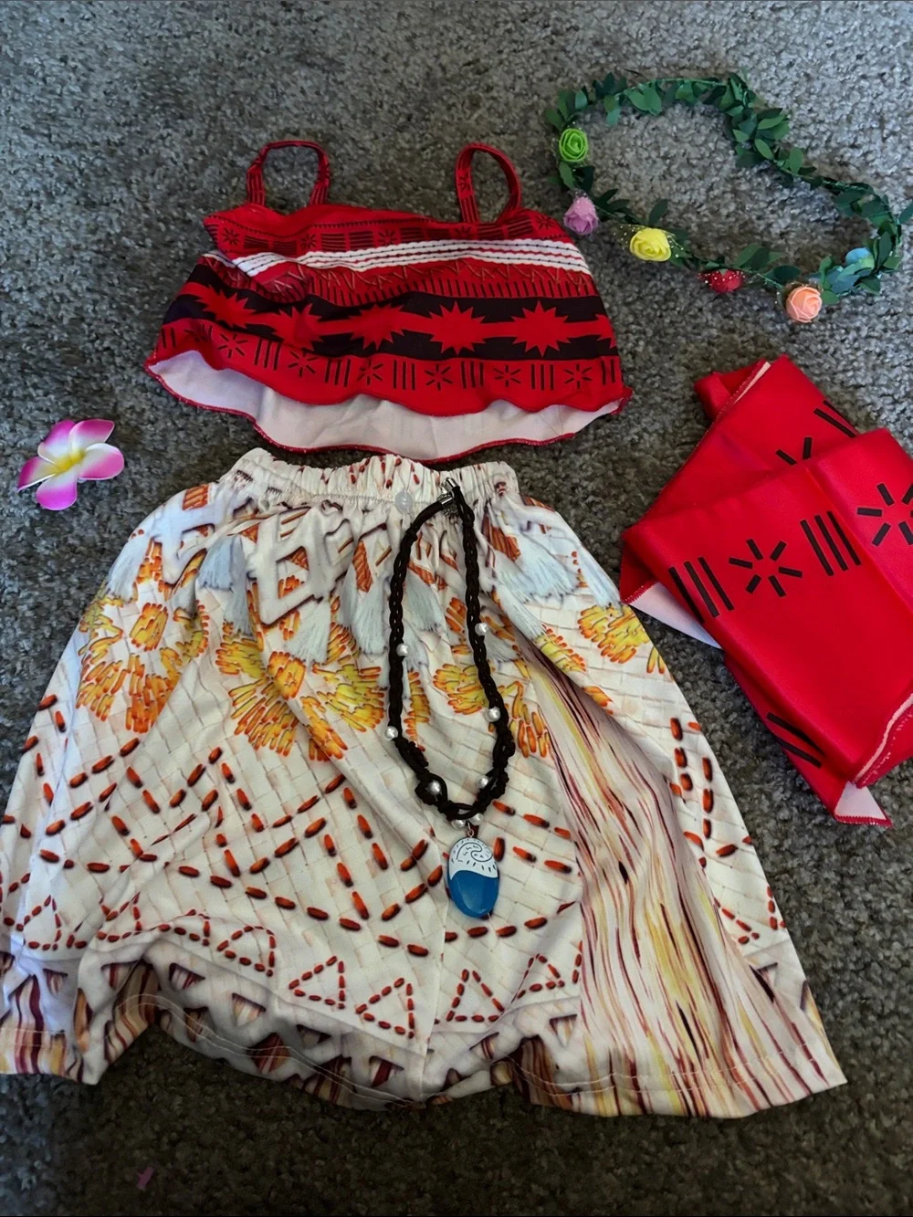 Moana inspired Red Tribal Crop Top & Floral Skirt Two-Piece Set